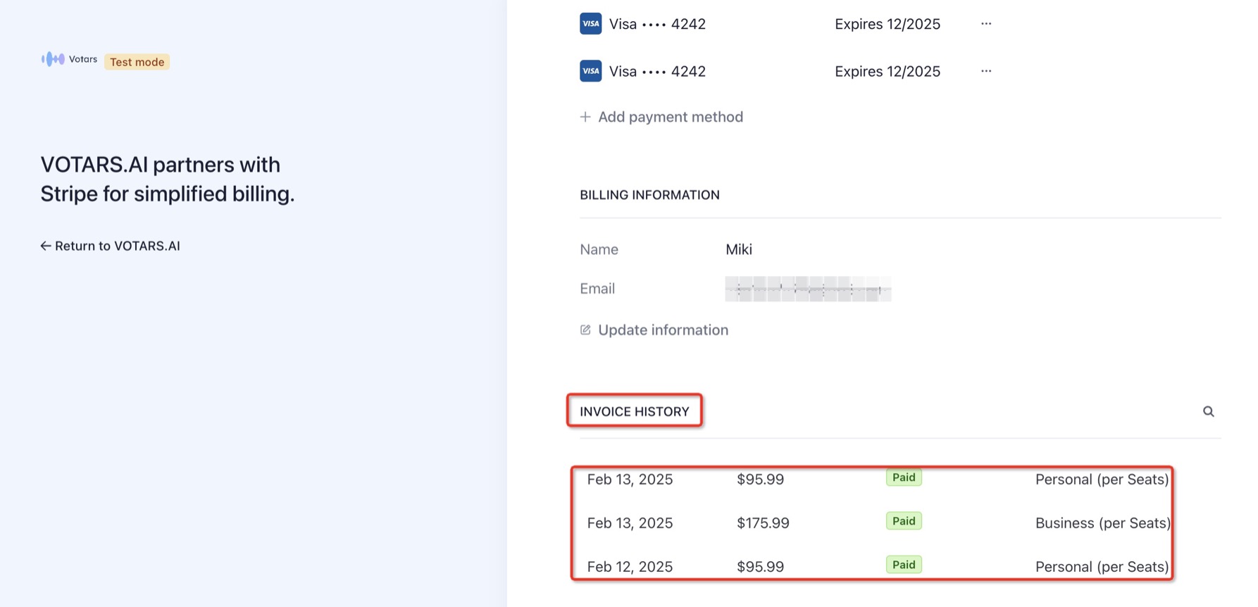 Invoice History Section